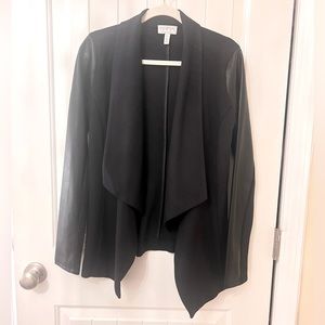 Never worn. Black, tapered, collared blazer with pockets & faux leather sleeves